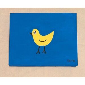 Yellow Bird Painting on Blue Canvas by Elena Mernoff 8x10